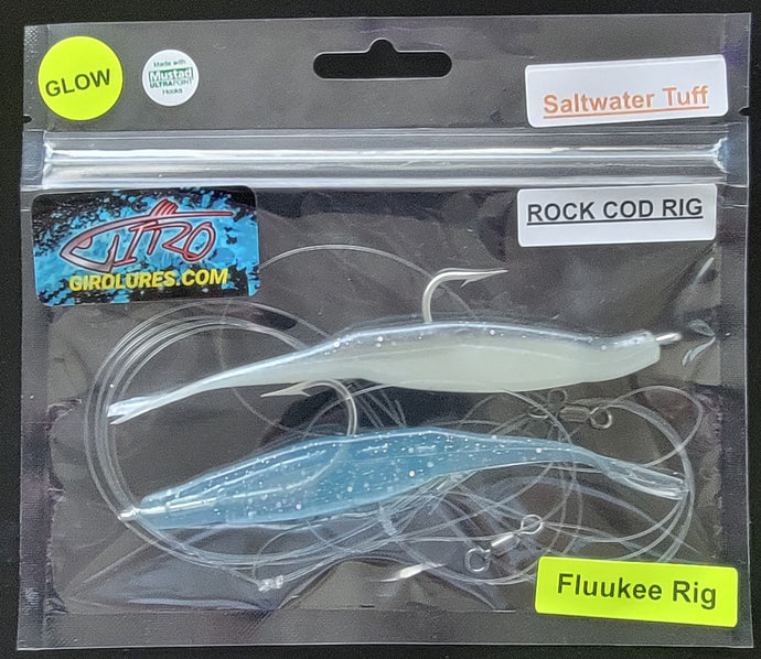 Fluukee Mega Glow Rock Cod Rig Ole Smokey and Pacific Blue. Pre rigged and ready to fish.