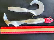 Load image into Gallery viewer, "SALT" 9" Grub Pearl White w/ Pink Glow Head