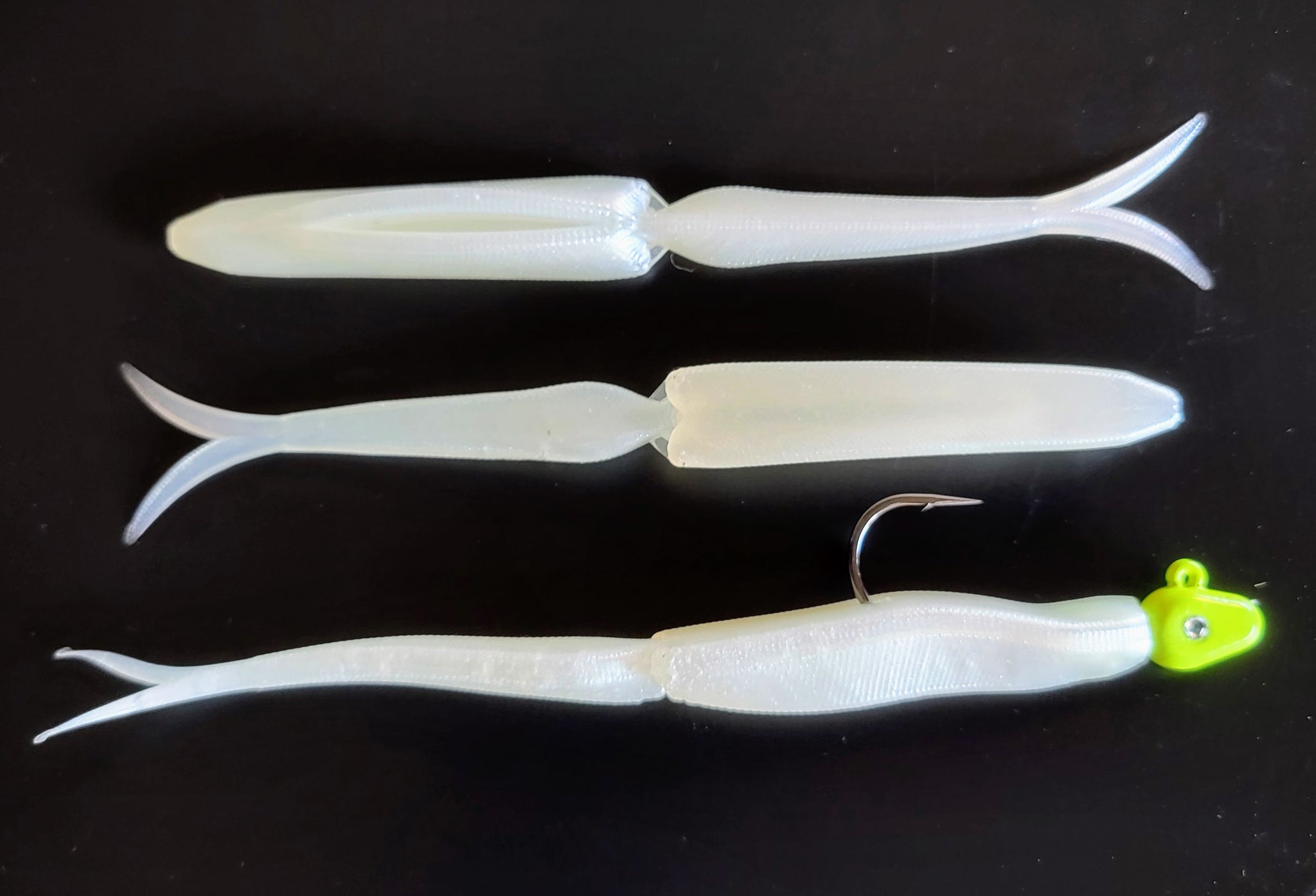 White Sea Bass Pearl White Nuclear Glow Jointed Fluukee – Giro Custom Lures