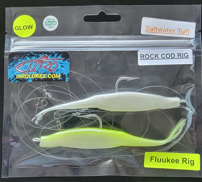 Fluukee Mega Glow Rock Cod Rig Pearl White and Chartreuse/Pearl. Pre rigged and ready to fish.