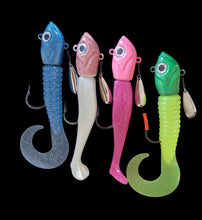 Load image into Gallery viewer, *MEGA GLOW* Giant Guppy Underspin Jig Bleeding Squid
